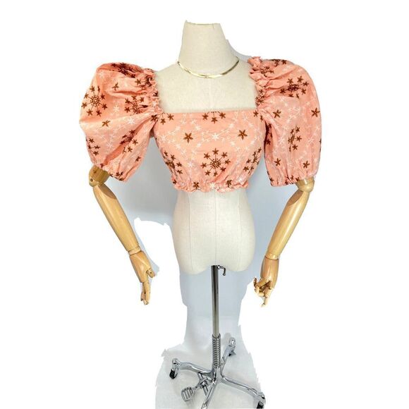 Zara XS Womens Embroidered Cropped Top  Puff Sleeve Floral Coral Peach  - Picture 5 of 15
